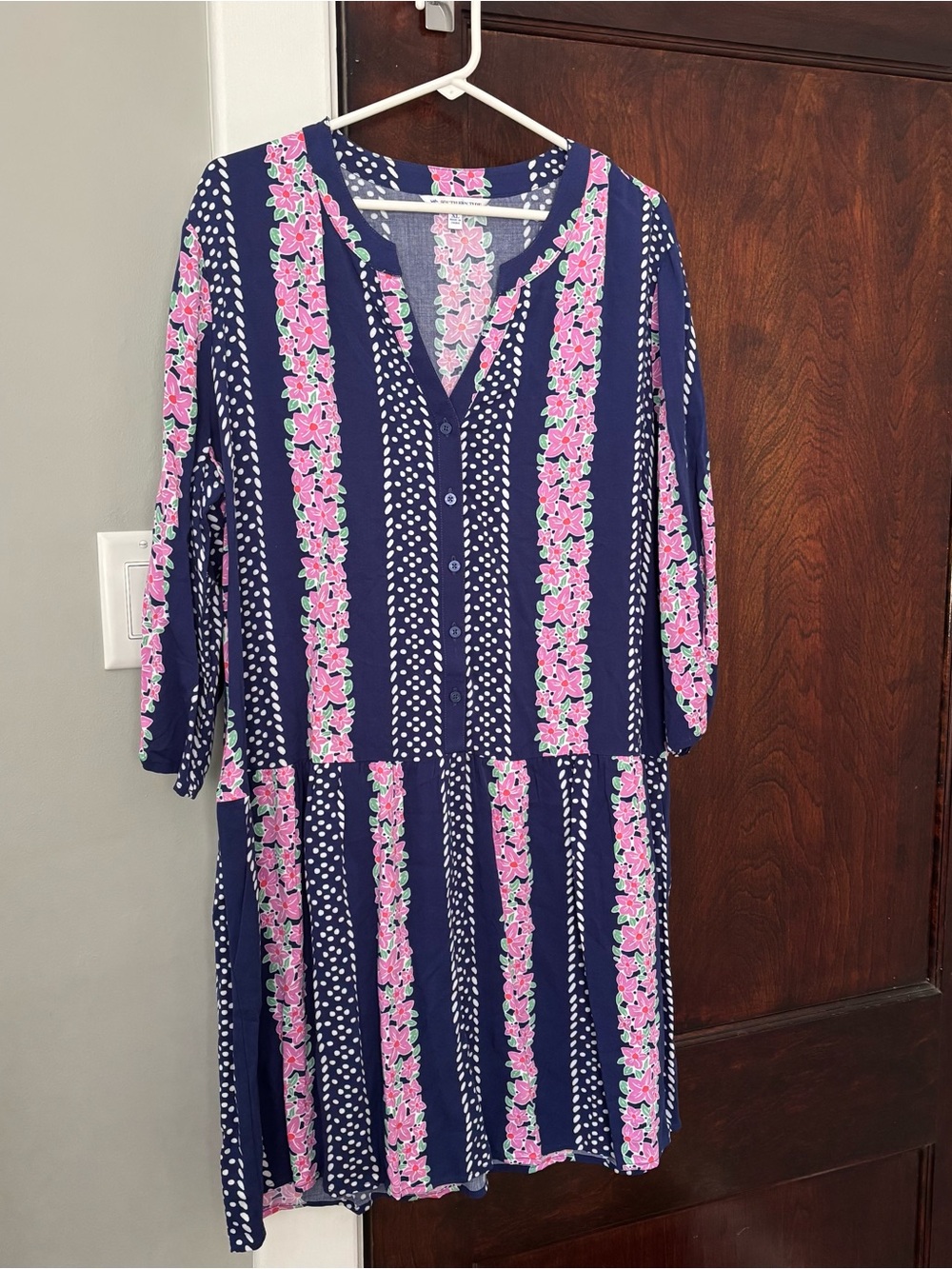 Southern Tide Women’s Dress XL Navy Blue Pink Floral Stripe Buttons Rayon Breezy